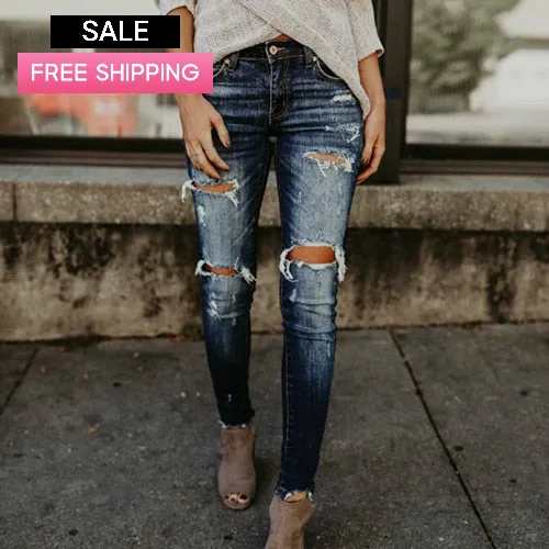 Trendy Peek A Boo Hole Denim High Waist Jeans