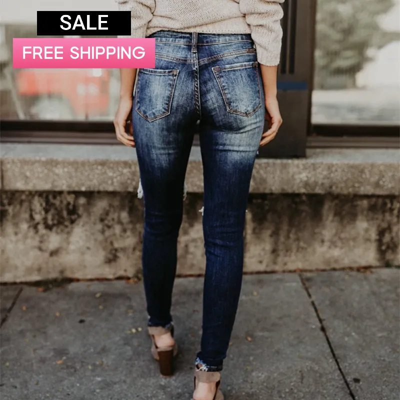 Trendy Peek A Boo Hole Denim High Waist Jeans