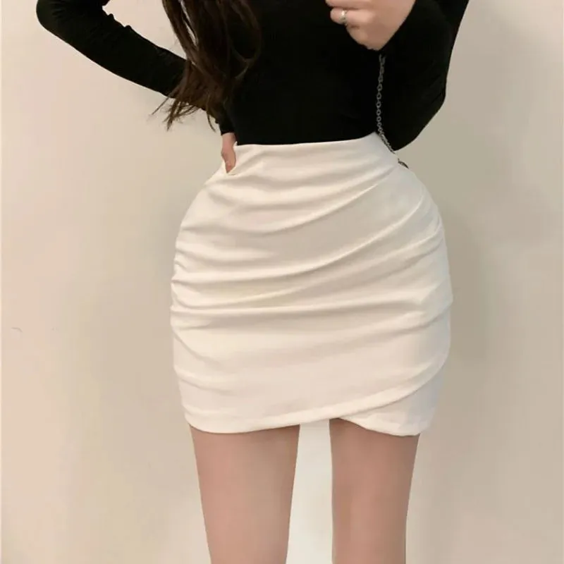 Uniwim Korean Fashion Mini Skirt Women Solid High Waist Irregular Folds Hip Wrap Pencil Skirt Ladies Sexy Slim Short Skirts