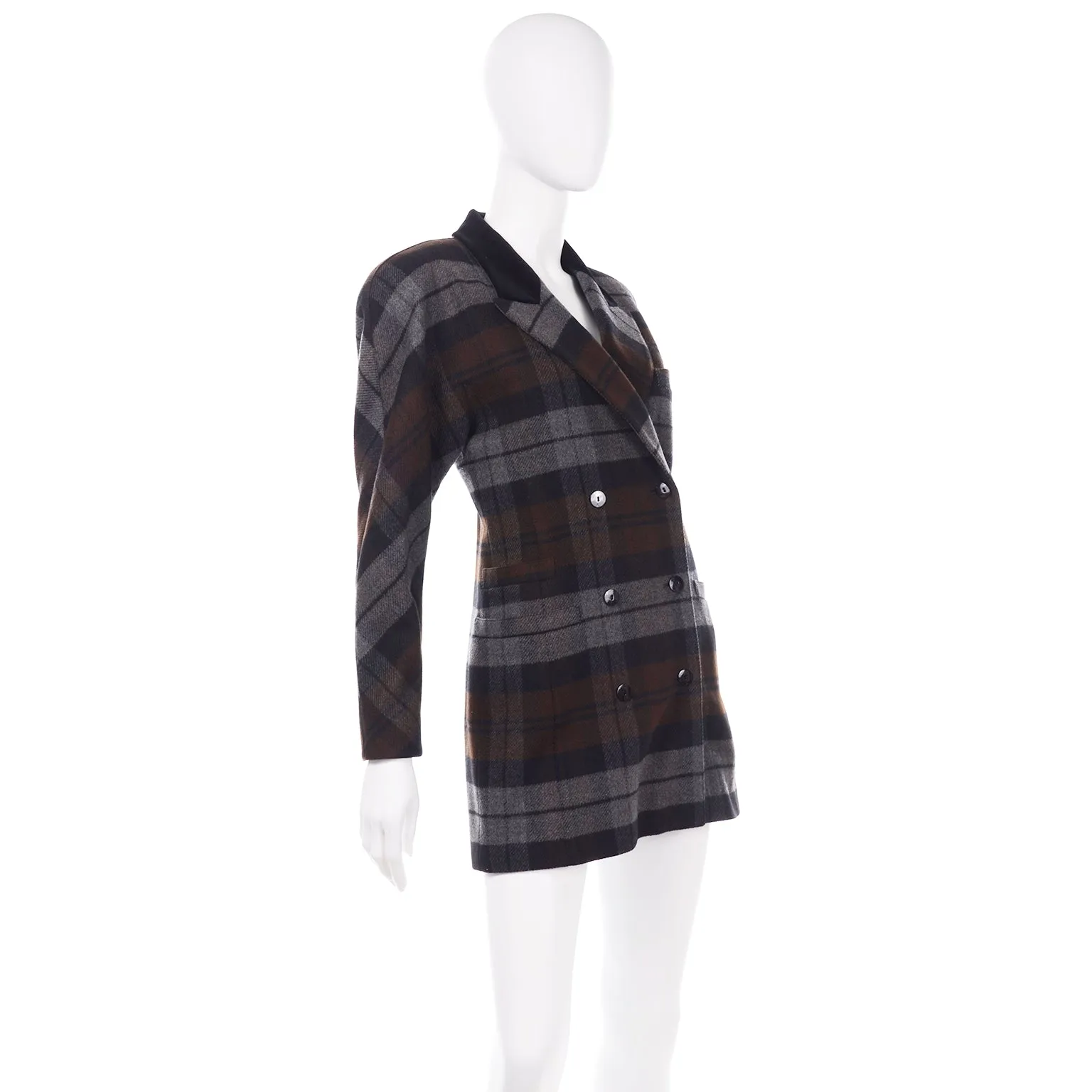 Vintage Margaretha Ley Escada Gray Blue Plaid Longline Blazer Jacket