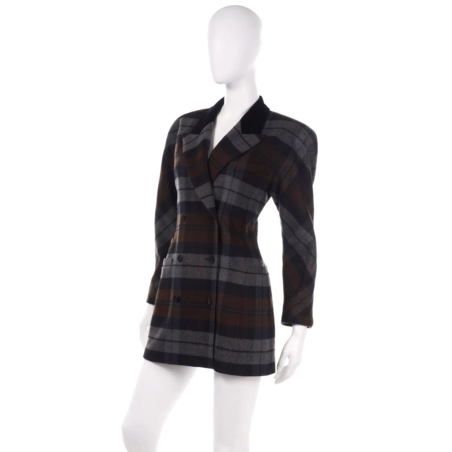 Vintage Margaretha Ley Escada Gray Blue Plaid Longline Blazer Jacket