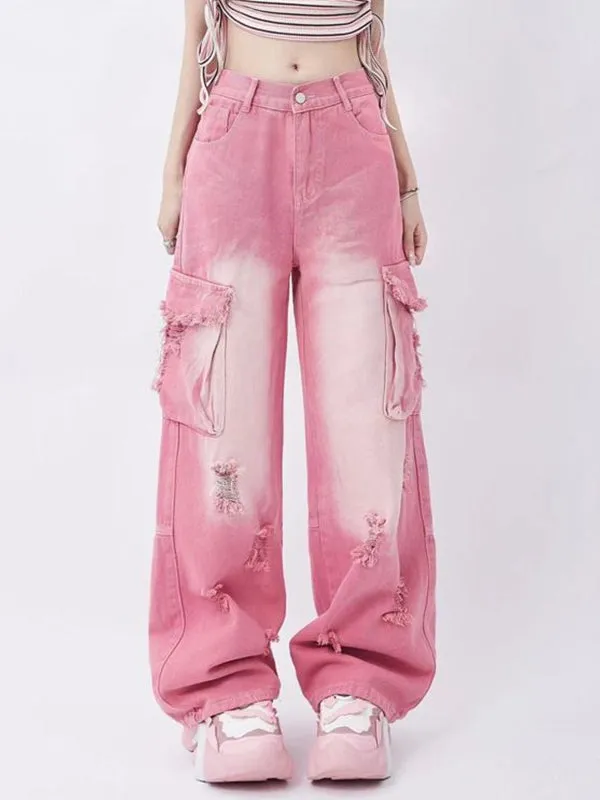 Wenkouban Pink Y2K Multi Pocket Ripped Cargo Jeans with Faded Effect