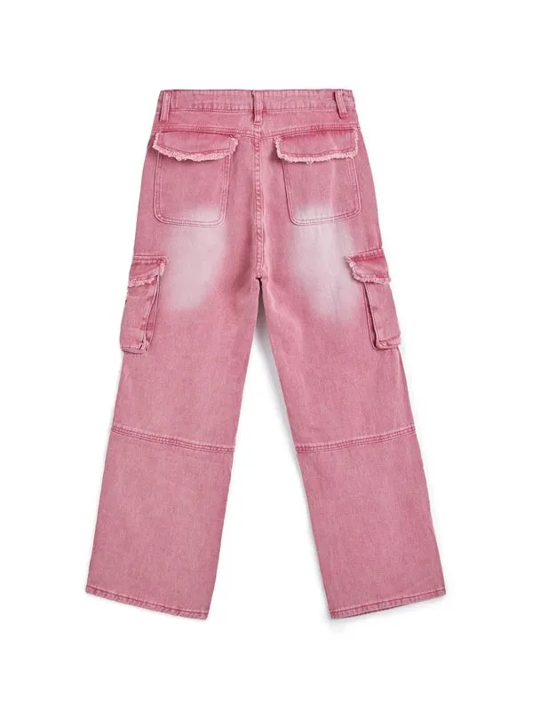 Wenkouban Pink Y2K Multi Pocket Ripped Cargo Jeans with Faded Effect