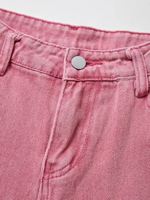 Wenkouban Pink Y2K Multi Pocket Ripped Cargo Jeans with Faded Effect