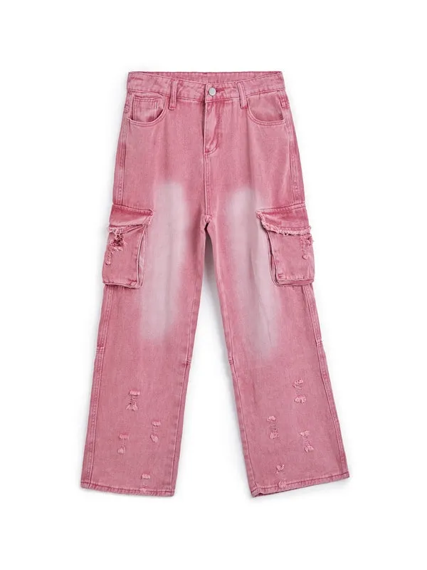 Wenkouban Pink Y2K Multi Pocket Ripped Cargo Jeans with Faded Effect