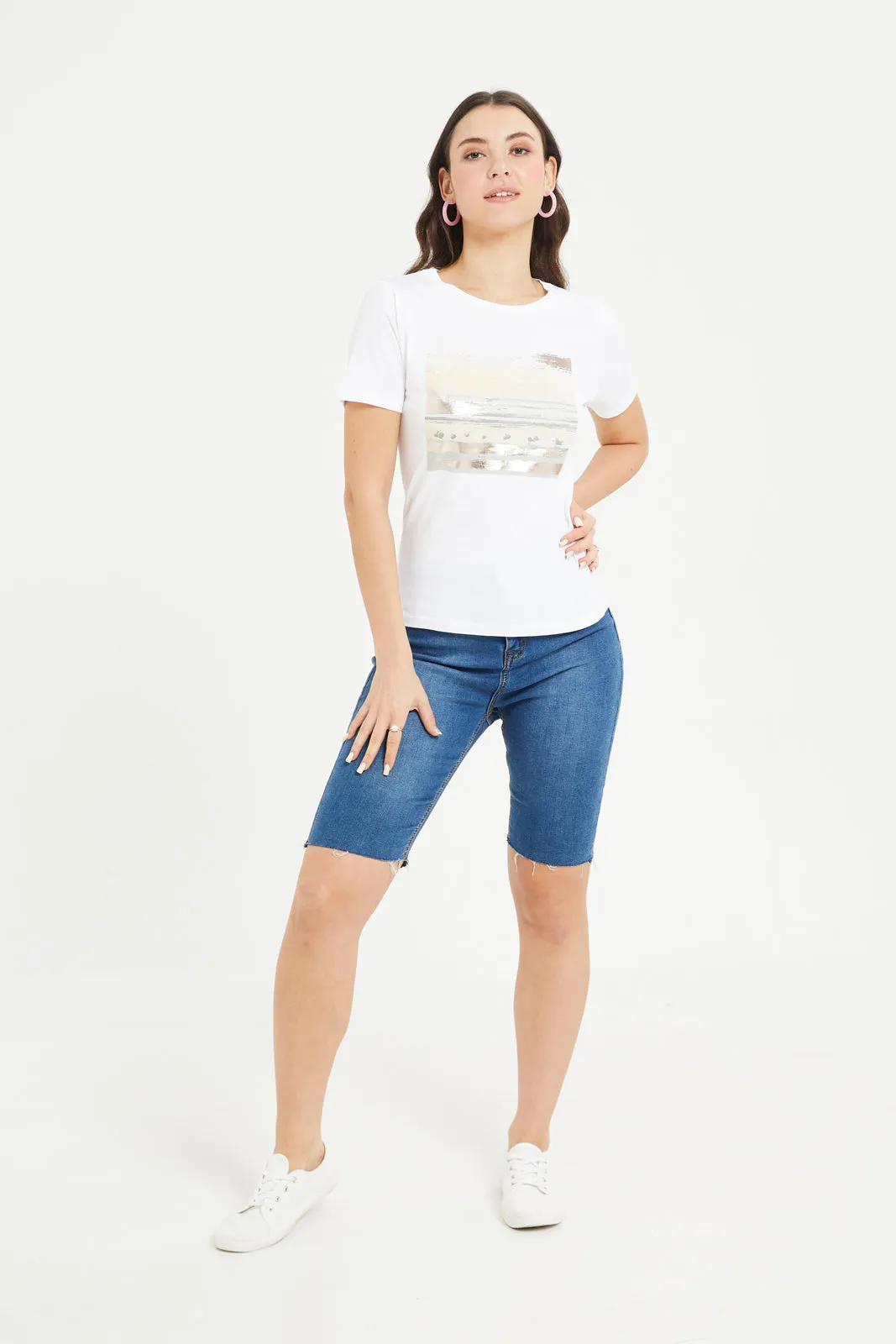 Women White Scenery Foil T-Shirt