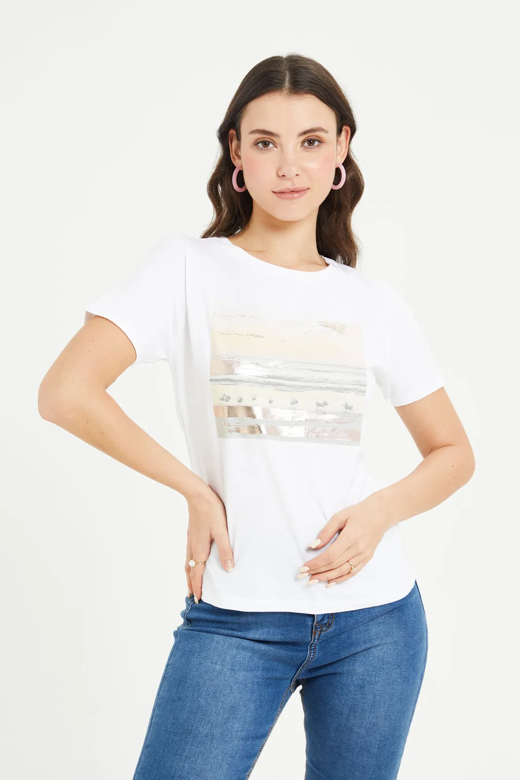 Women White Scenery Foil T-Shirt