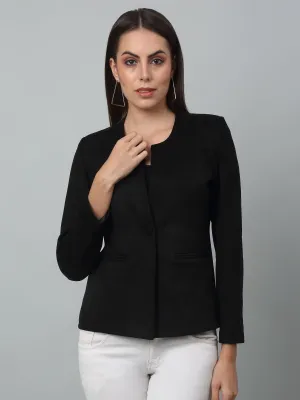 Women's   Black Single breasted  Round neck  Blazer