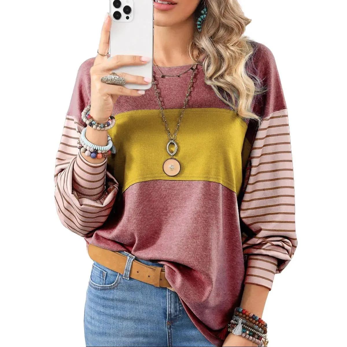 Womens Long Sleeve Pullover Tops Striped Basice T-shirt