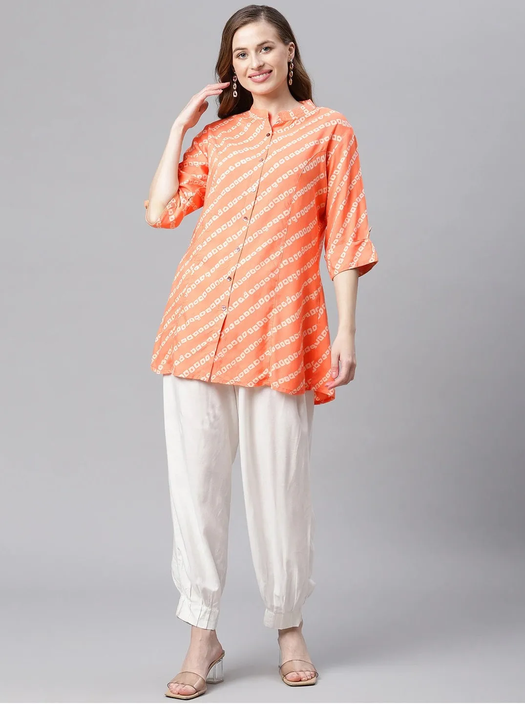 Women'S Orange Bandhani Rayon A-Line Shirt Style Top