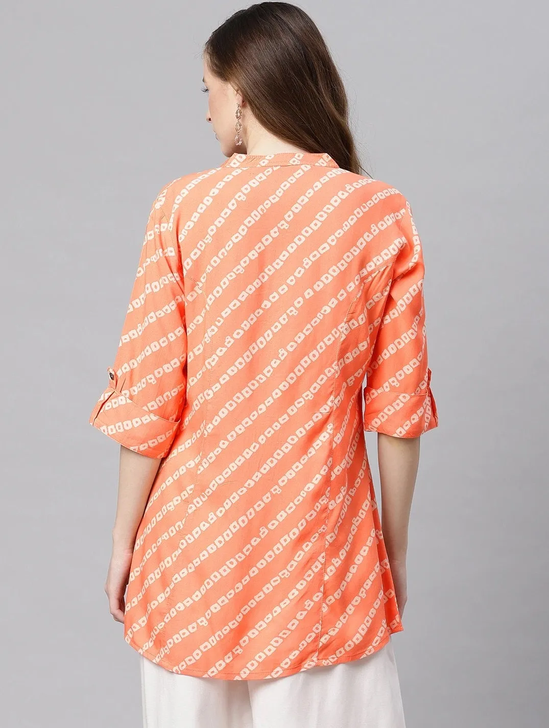 Women'S Orange Bandhani Rayon A-Line Shirt Style Top