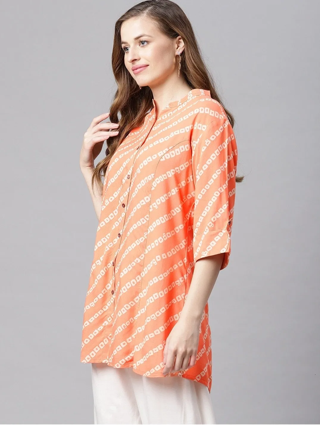 Women'S Orange Bandhani Rayon A-Line Shirt Style Top