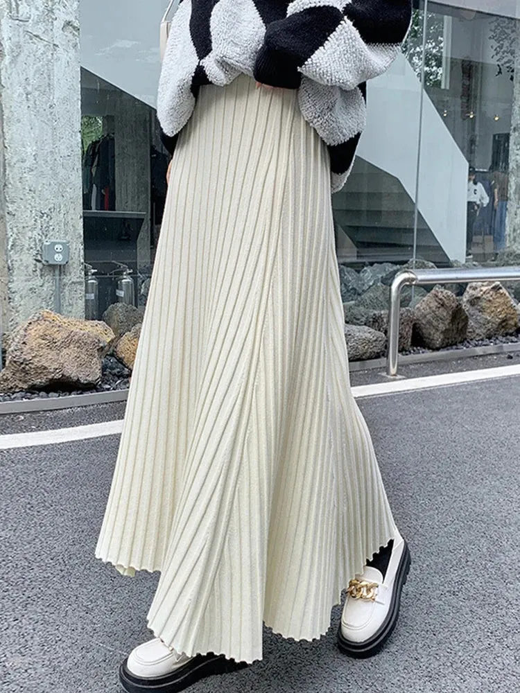 Yeknu  Women Long Skirts Elegant Fashion Maxi Skirt Ladies Autumn Winter Knitted Skirt Female Casual Loose High Waist Pleated Skirts