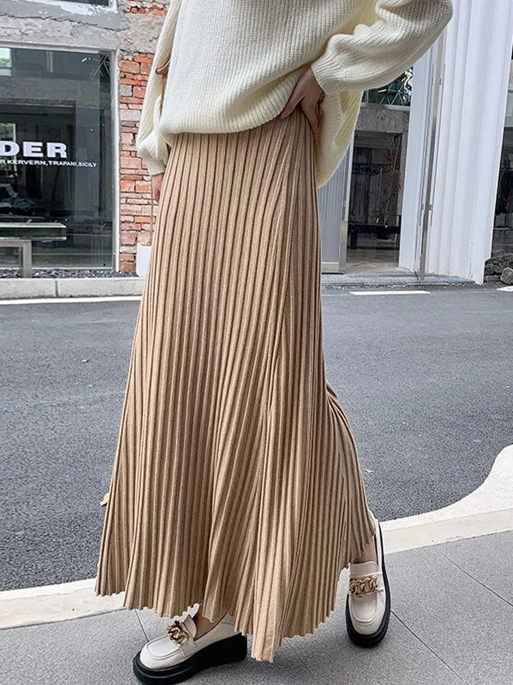 Yeknu  Women Long Skirts Elegant Fashion Maxi Skirt Ladies Autumn Winter Knitted Skirt Female Casual Loose High Waist Pleated Skirts