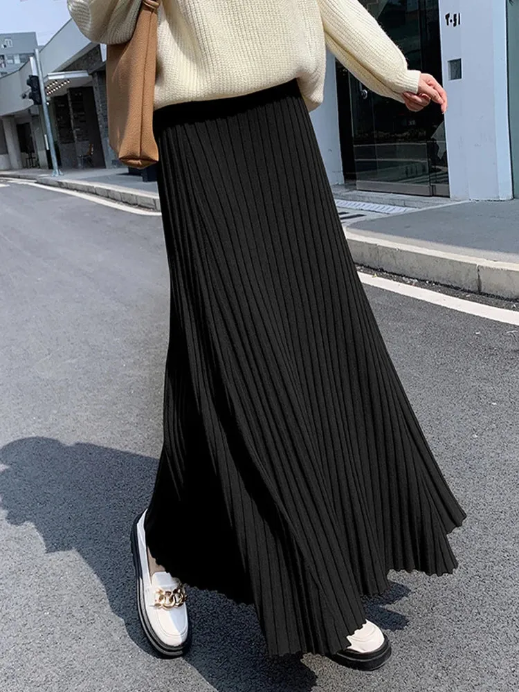 Yeknu  Women Long Skirts Elegant Fashion Maxi Skirt Ladies Autumn Winter Knitted Skirt Female Casual Loose High Waist Pleated Skirts