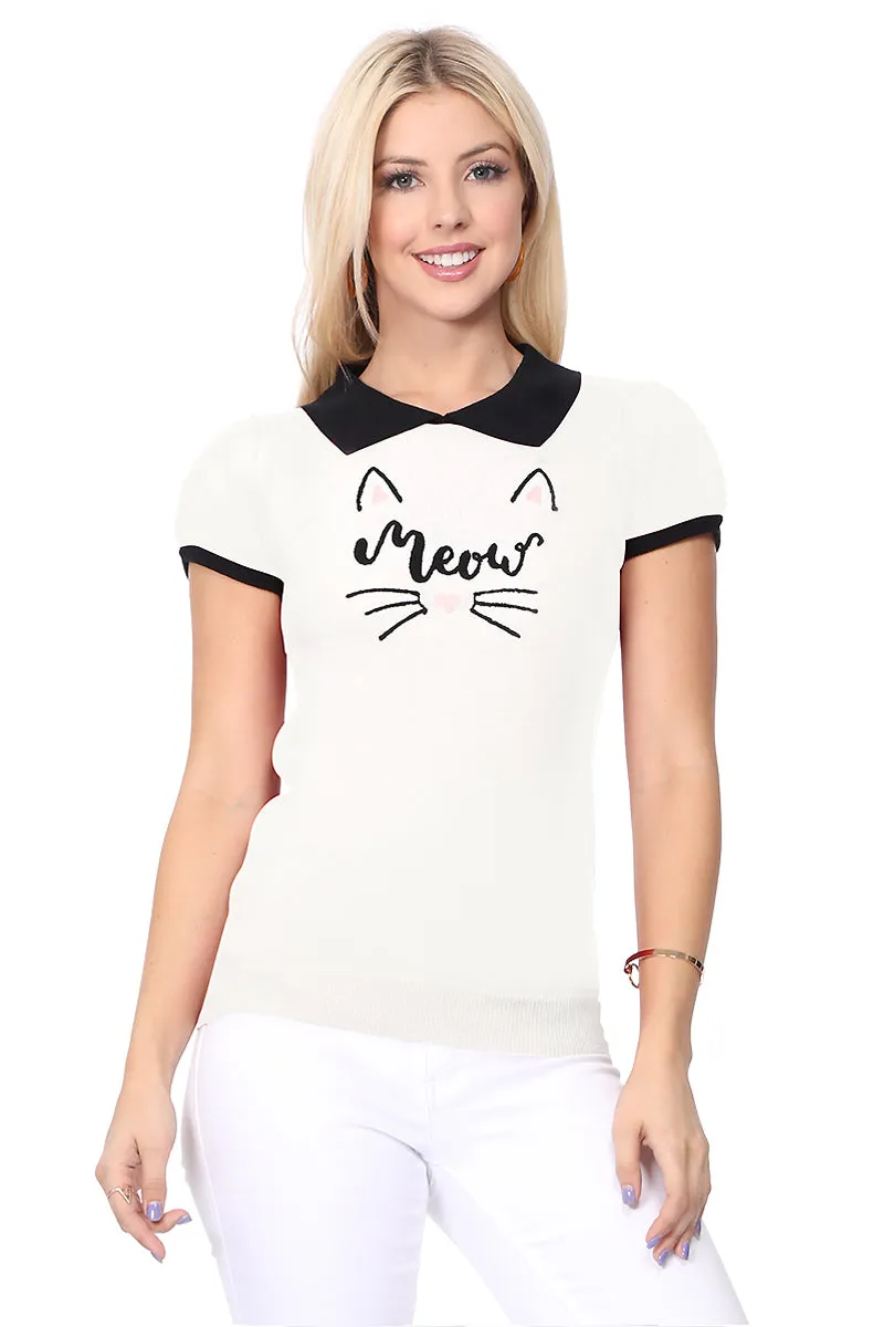 YEMAK Women's Meow Cat Classic Contrast Collar Short Sleeve Casual Pullover Sweater MK3591MEOW (S-L)