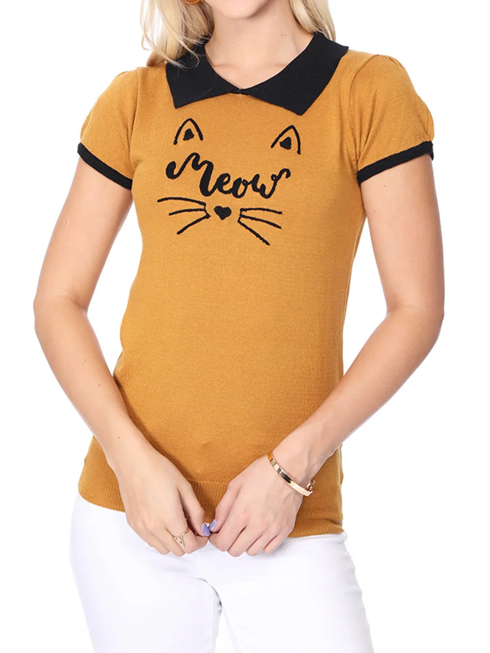 YEMAK Women's Meow Cat Classic Contrast Collar Short Sleeve Casual Pullover Sweater MK3591MEOW (S-L)